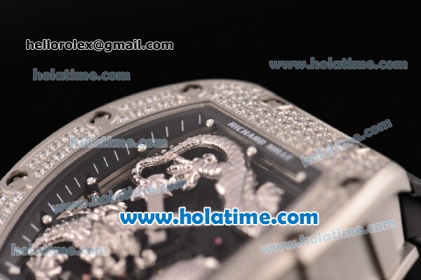 Richard Mille Tourbillon RM 057 Dragon Swiss ETA 2824 Automatic Steel&Diamonds Case with Black Rubber Strap and Silver Dragon Dial - 1:1 Original - Click Image to Close